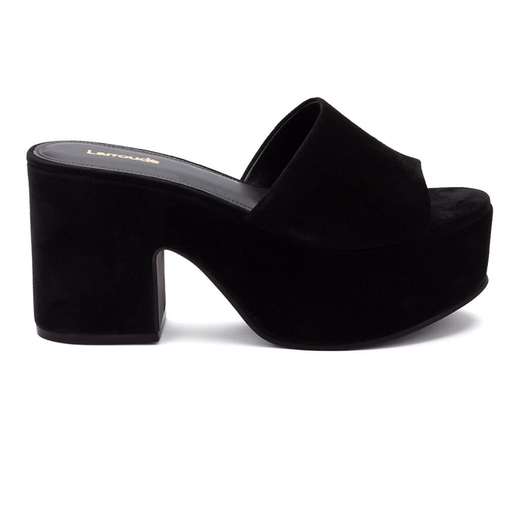 Larroude Black Suede Platform Mule Heels